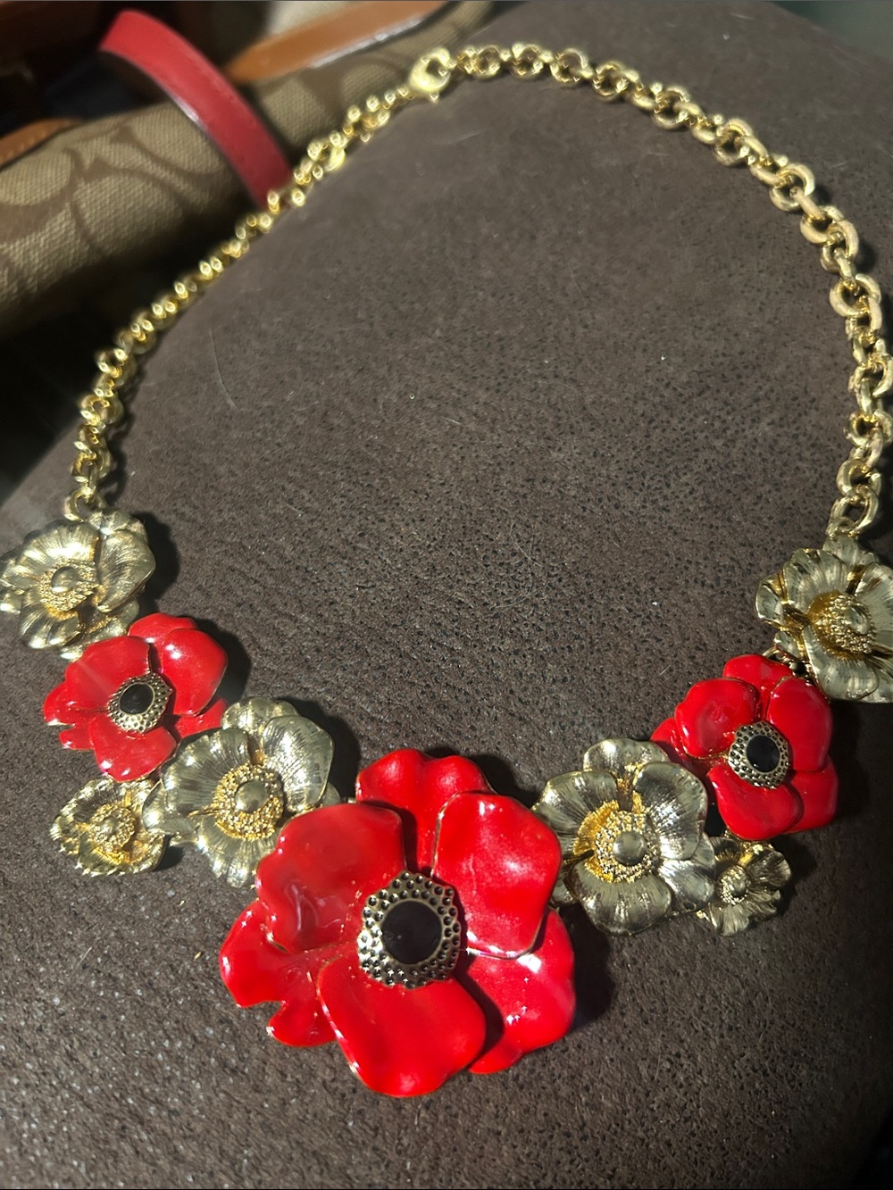 Talbots Gold-Tone Red Floral Statement Necklace